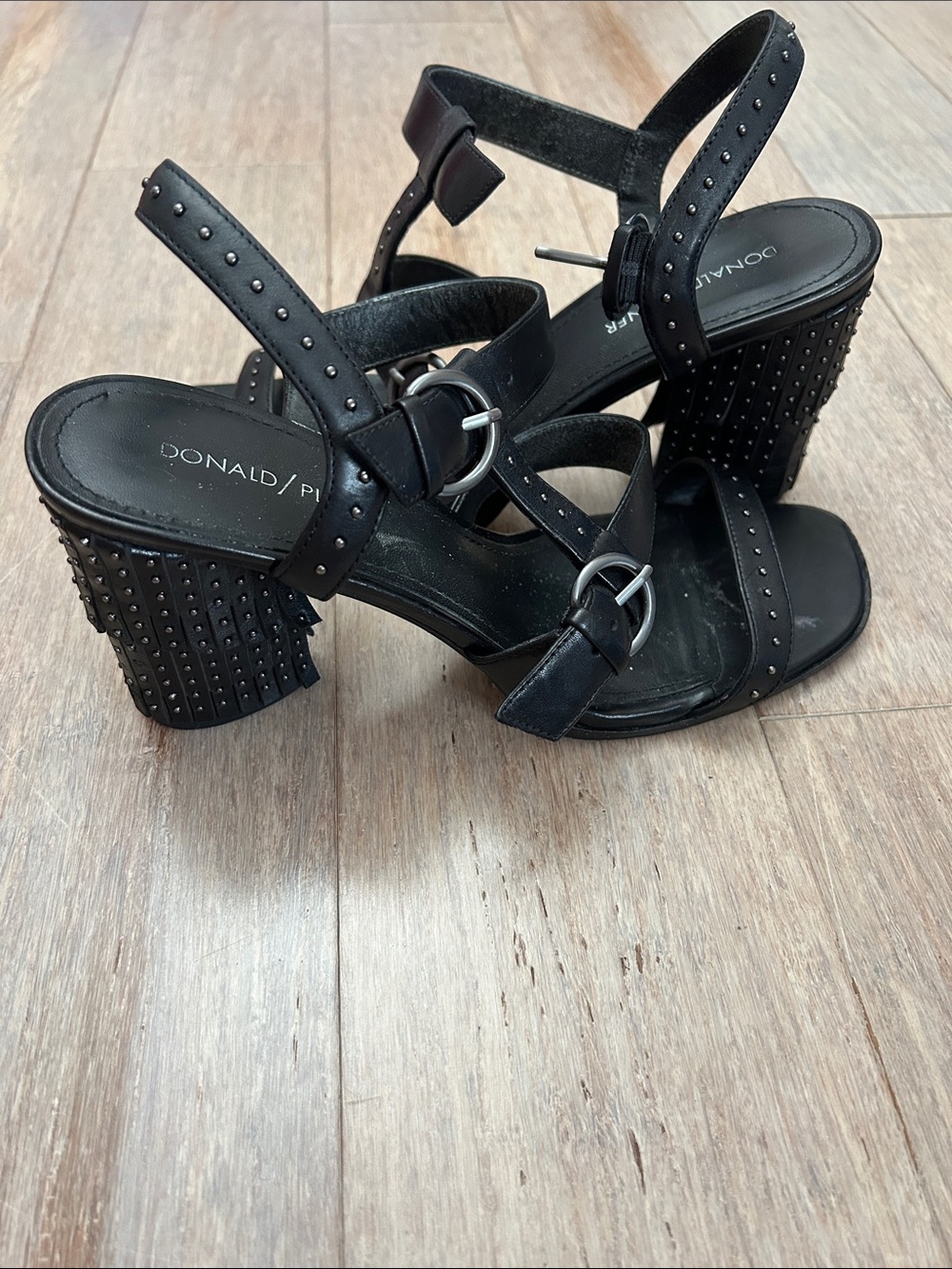 Donald J. Pliner Black Studded Fringe Block Heel Sandals with Buckle Accents 9.5
